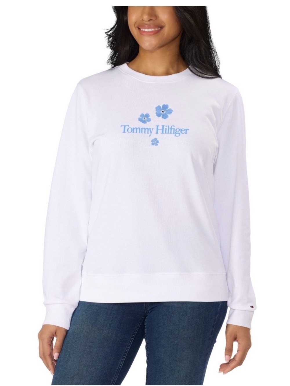 Tommy Hilfiger White Crewneck Sweatshirt with Light Blue Logo Flowers